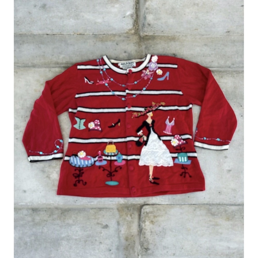 Jack B Quick VTG Sweater Women Small Red Cardigan Lady Paris Boutique Appliqué